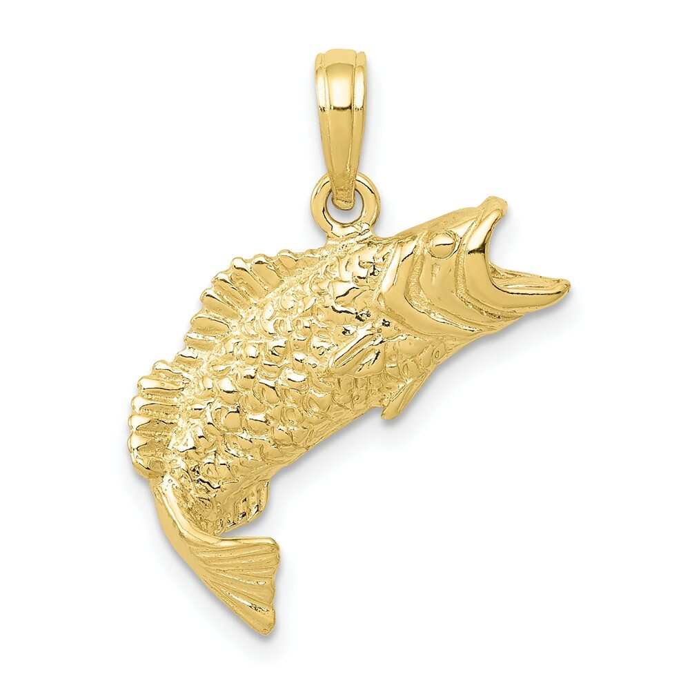 Real 10kt Yellow Gold Gold Polished & Textured Bass Fish Pendant