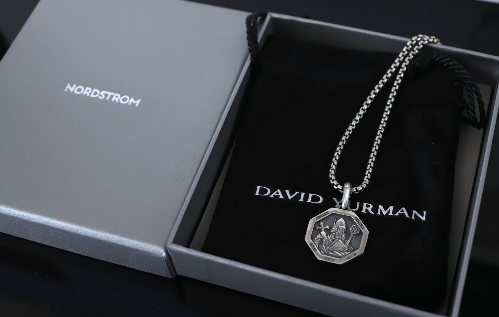 David Yurman Silver Saint Patrick Amulet Pendant w/ 2.7mm Box Chain Necklace
