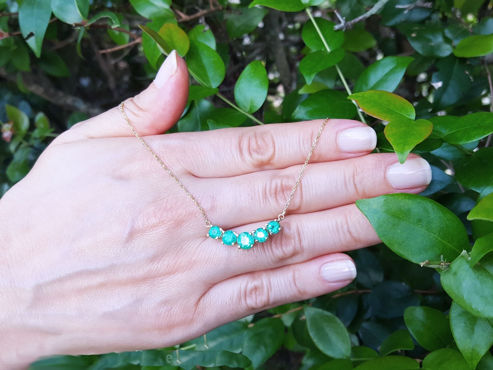 Five Stone Round Cut Colombian Emerald Necklace Solid 14K Yellow Gold