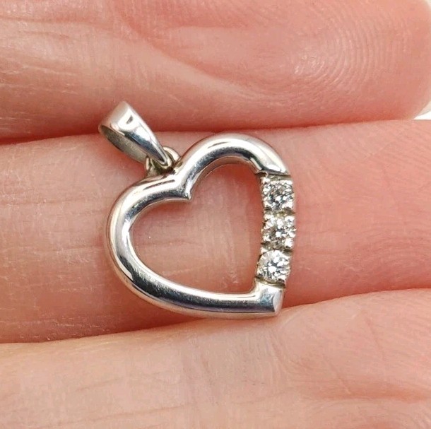 *14k White Gold Open High Polish Heart Pendant 3 Three Diamond 1/2 inch signed
