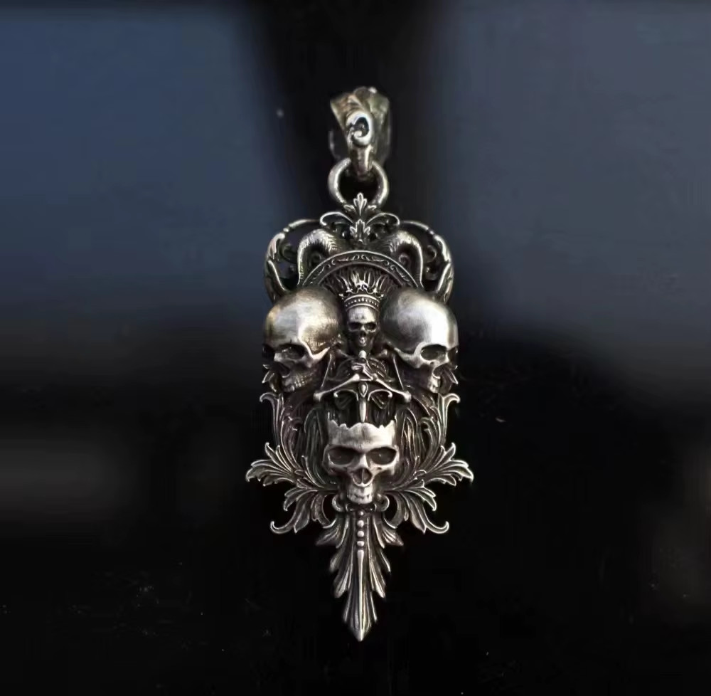 S925 Silver Do Old Craft Don Grass Sword Flower Skulls Pendary Men’s Pendary Pen