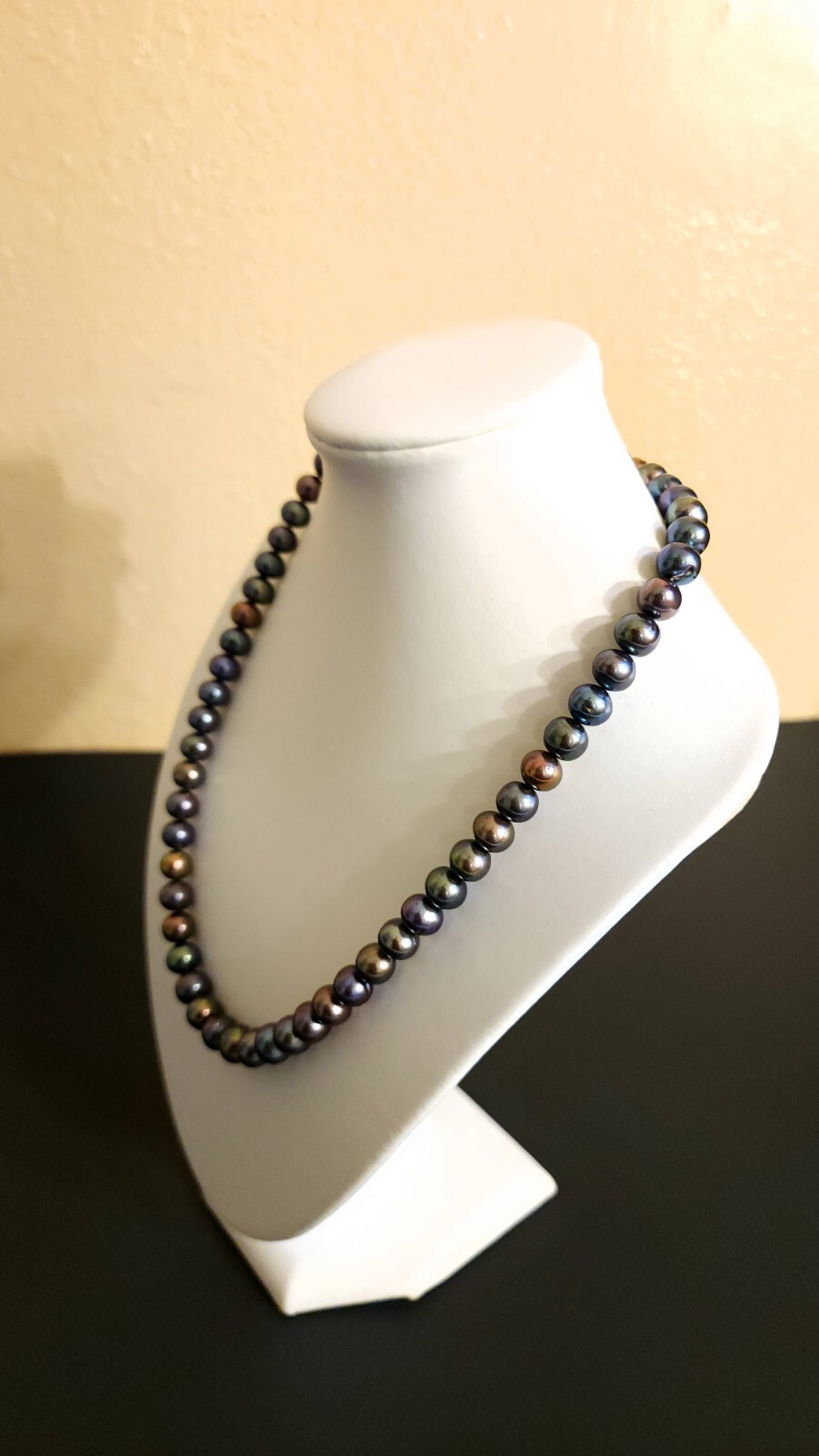 14k White Gold Multicolor Peacock Black Green Blue Tahitian Pearl Necklace 9mm