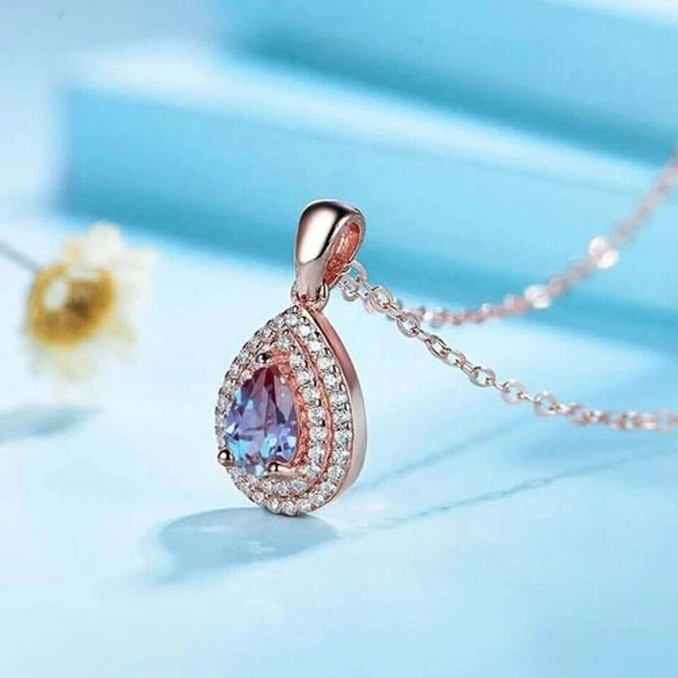 2Ct Pear Cut Lab Created Alexandrite Double Halo Pendant 14KRose Gold Chain
