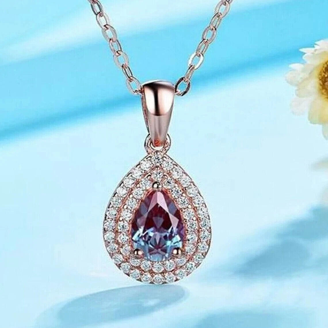 2Ct Pear Cut Lab Created Alexandrite Double Halo Pendant 14KRose Gold Chain