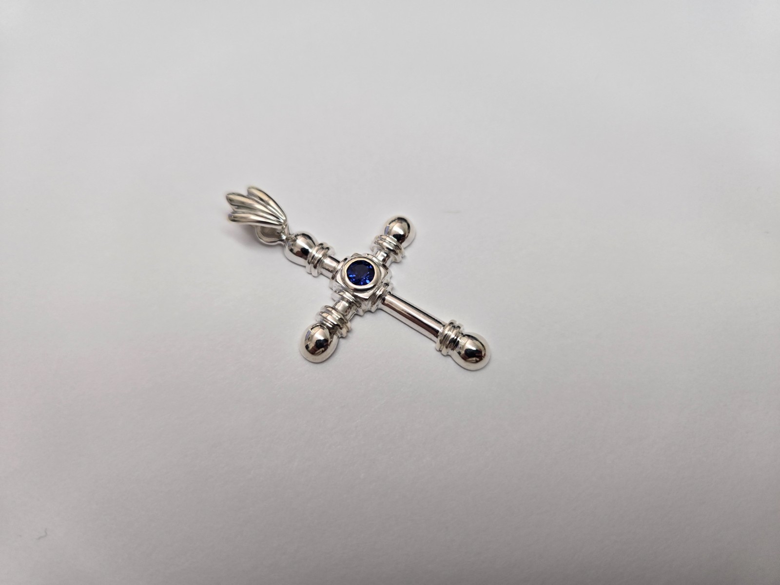 925 Sterling Silver Sapphire CZ Round Edge Cross Pendant 1 1/2 Inch (38mm) Tall