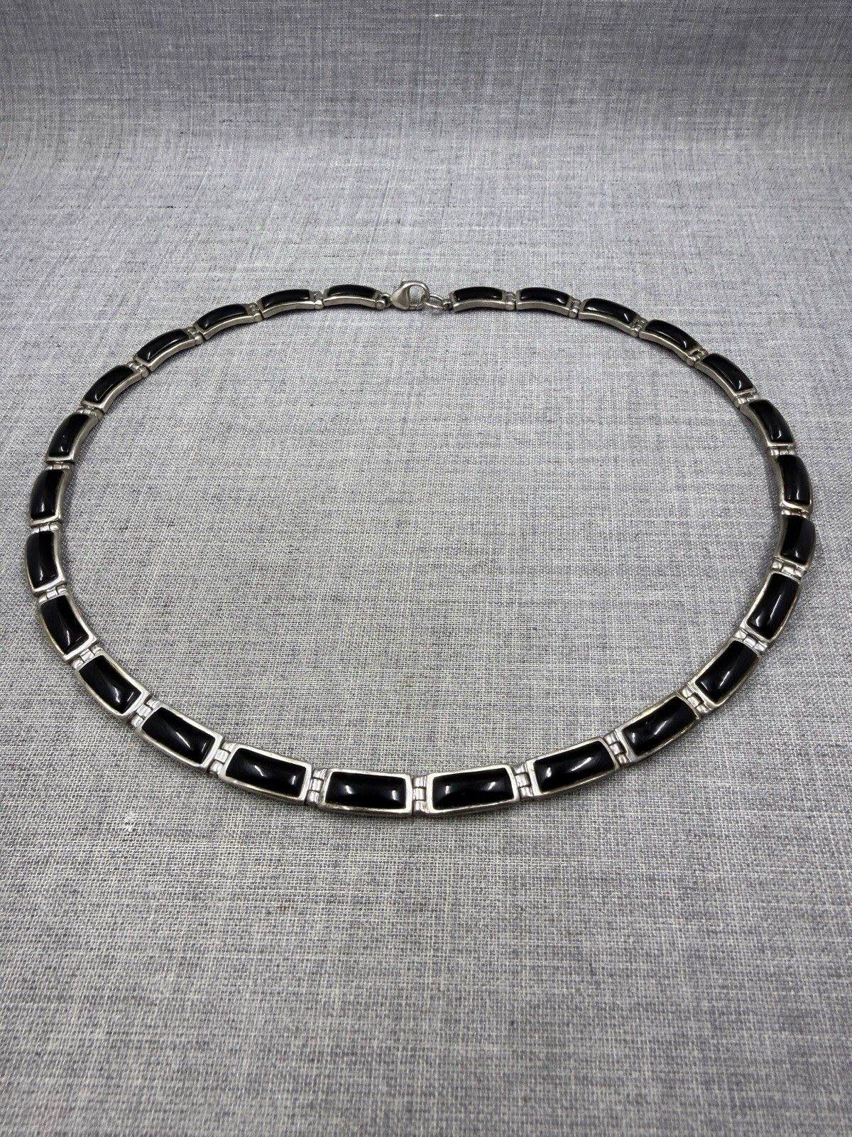 Sanel Onyx Bar Link Sterling Silver .925 Choker Bib Necklace 16″ (41 Grams)