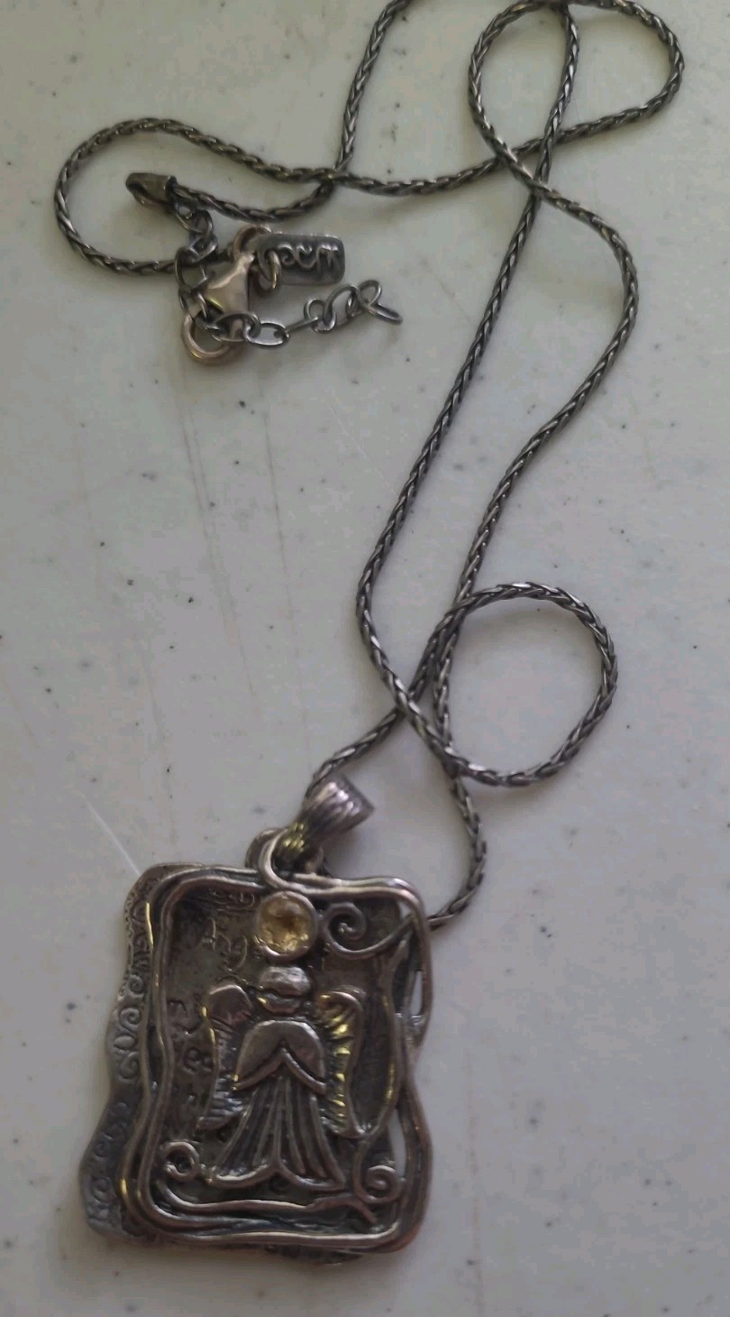 Israeli Silver 925 Citrine “ Guardian Angel “ Double Pendant Adjustable Necklace