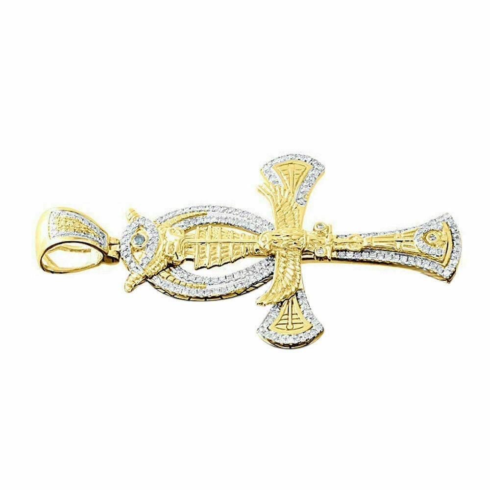 1Ct Lab Created Diamond Horus Eagle Ankh Cross Pendant 14K Yellow Gold Finish