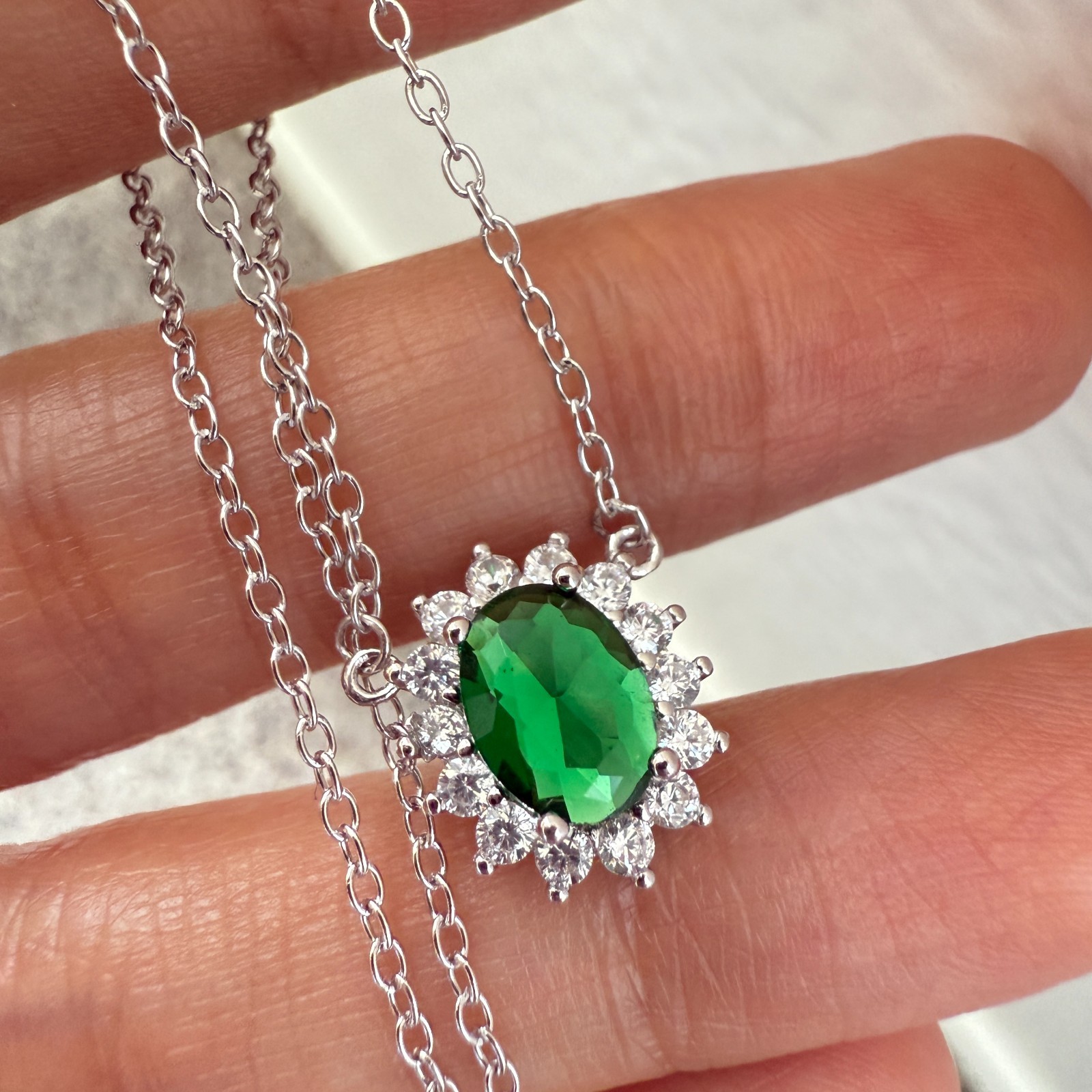 925 Sterling Silver Necklace 8x6mm Natural Emerald Zircon Flower Handmade Chain