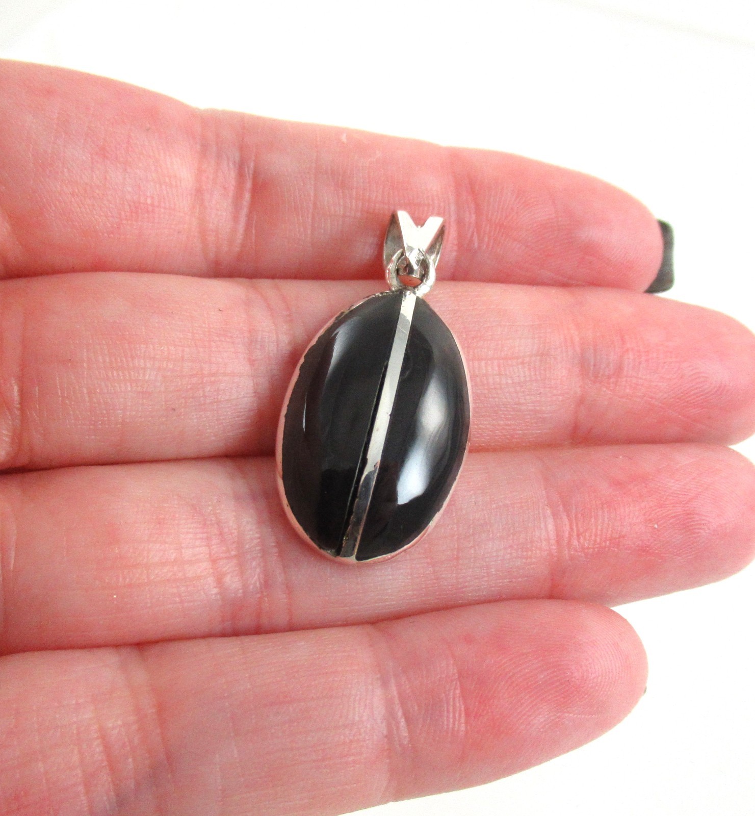 .925 Sterling Silver Black Onyx Pendant Hand Made Artisan Modernist Style