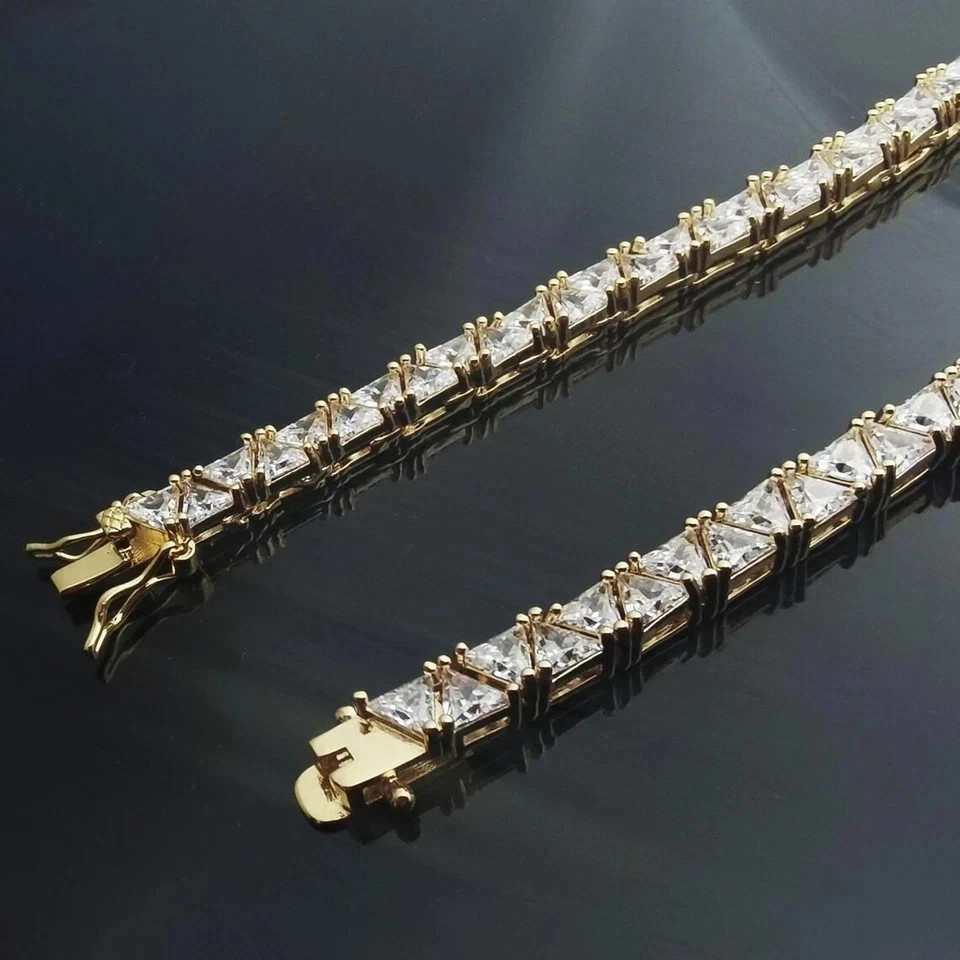 20T CW Trillion Cut Lab Created Diamond Tennis Necklace 14k Yellow Gold Plated