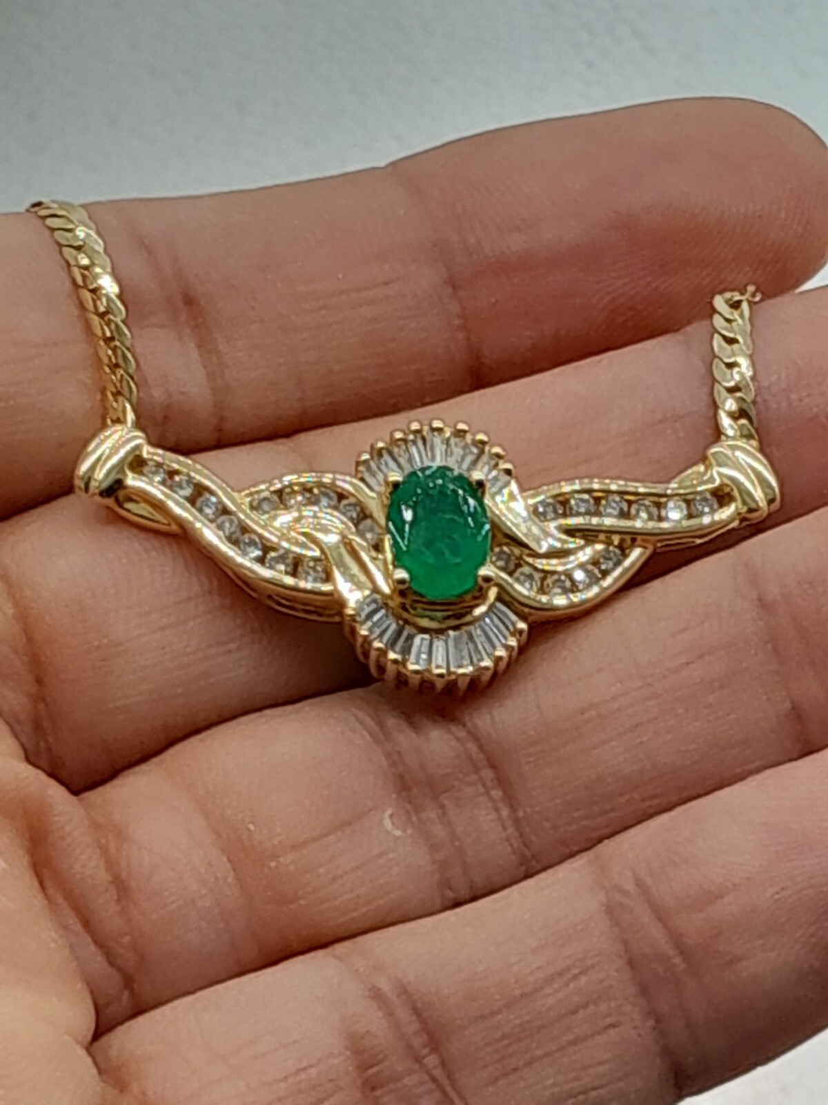 ADL 14k gold channel set and baguette diamond Emerald bib necklace LKNEW $3600