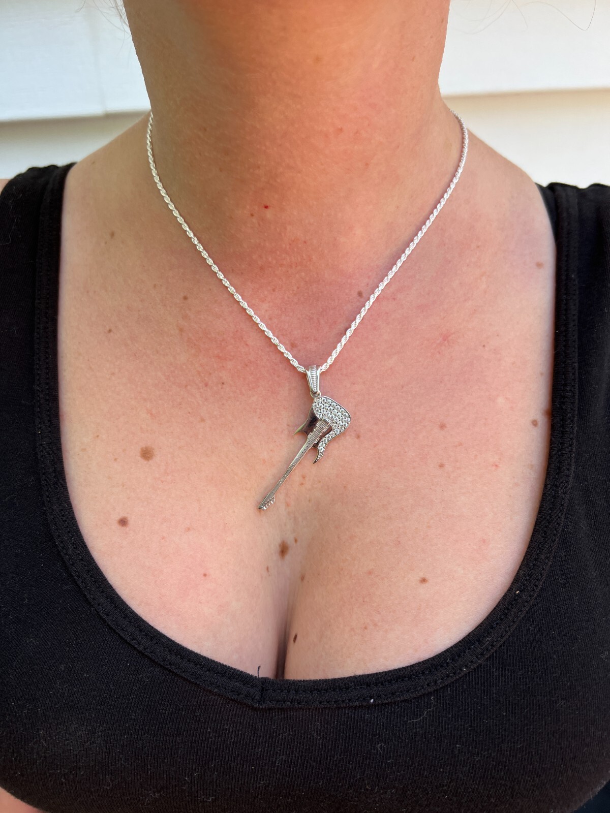 Real 925 Silver / 14k Gold Plated Electric Guitar Rockstar Pendant Necklace CZ