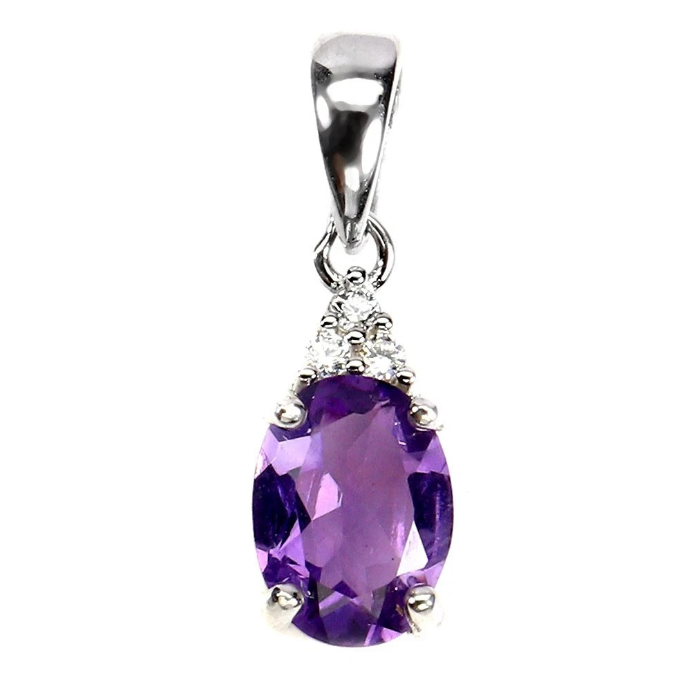 New Natural 8x6mm Purple Amethyst CZ Oval Pendant Charm 925 Sterling Silver