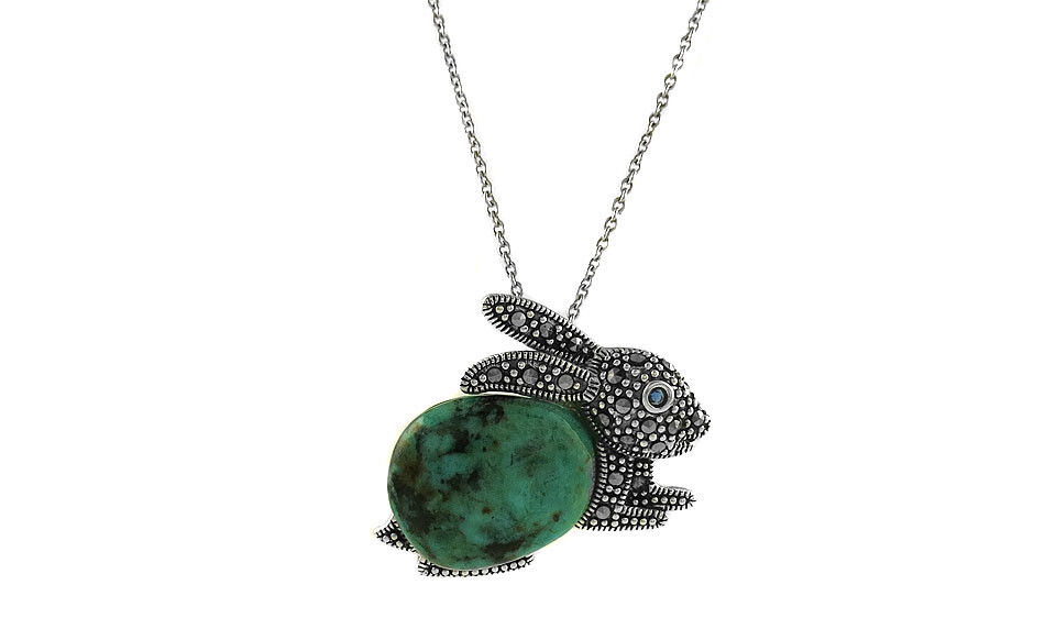 925 Sterling Silver Genuine Marcasite Turquois Rabbit Pendant Necklace – 18″