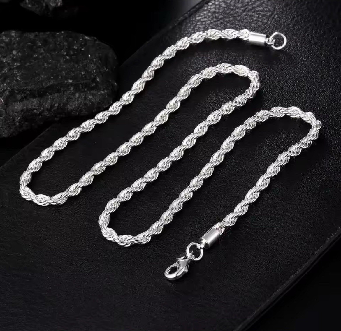 925 Sterling Silver Rope Link Chain Necklace–Unisex, Stainless Steel, Plated