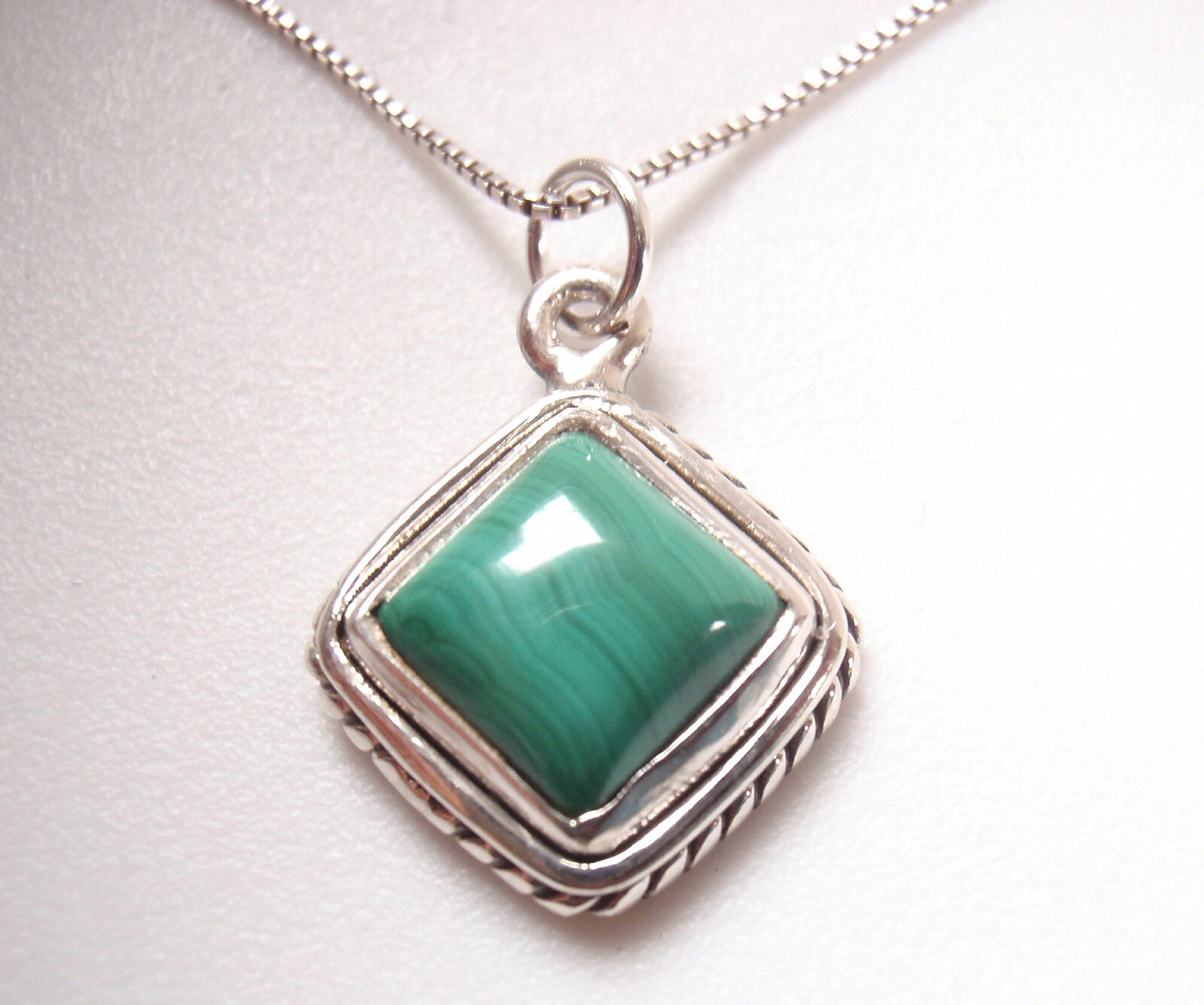 Malachite Square 925 Sterling Silver Pendant Embellished w/ Rope Style Accents