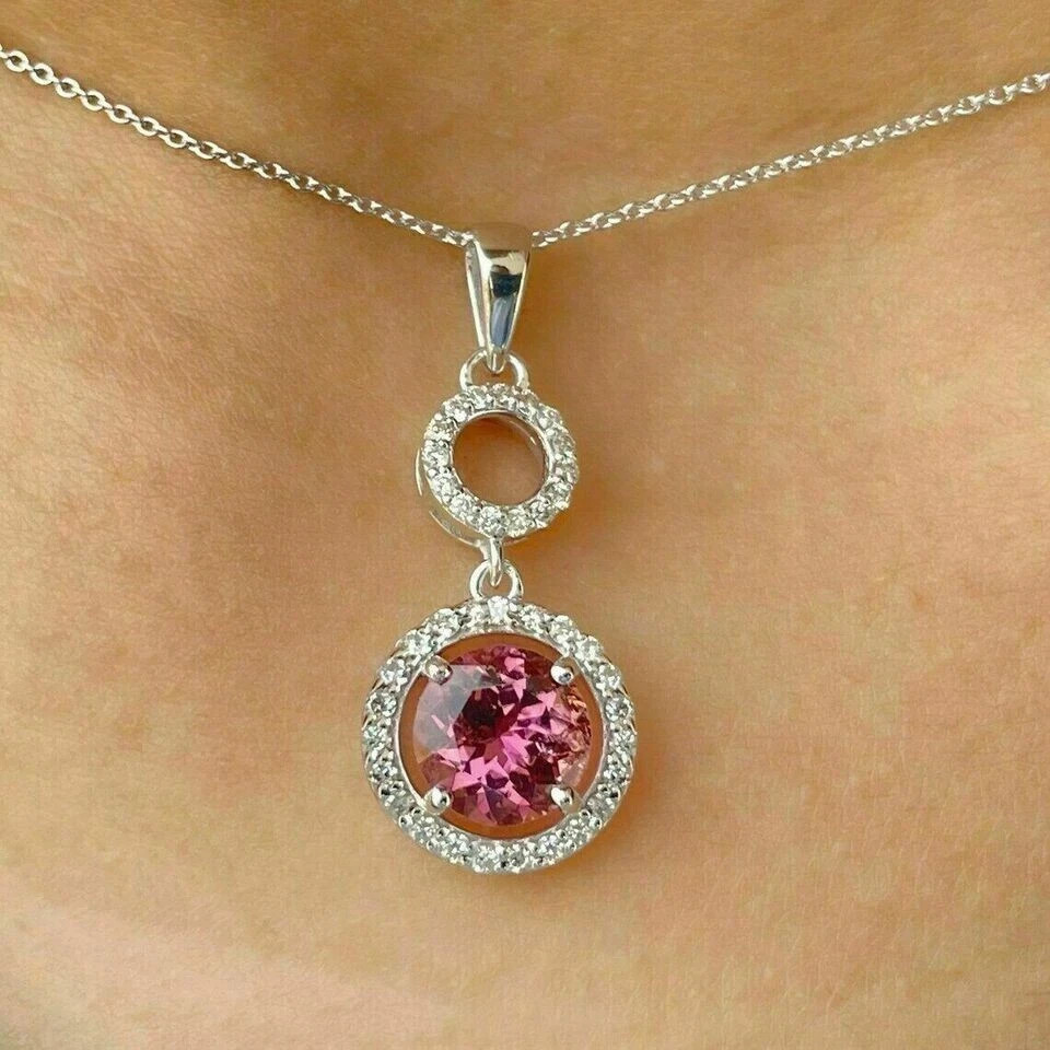 2.00Ct Round Cut Red Ruby Halo Pendant 14K White Gold Finish 18” Free Chain