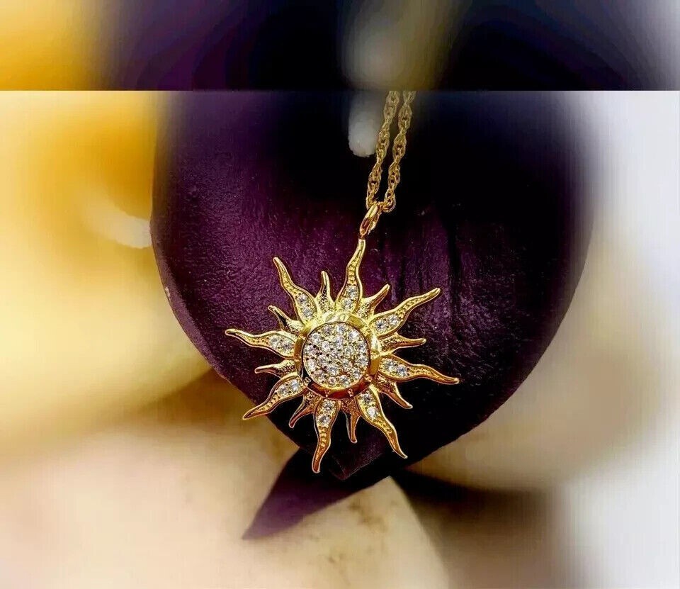 2 Ct Round Cut Lab Created Diamond Sun Pendant Necklace 14k Yellow Gold Plated