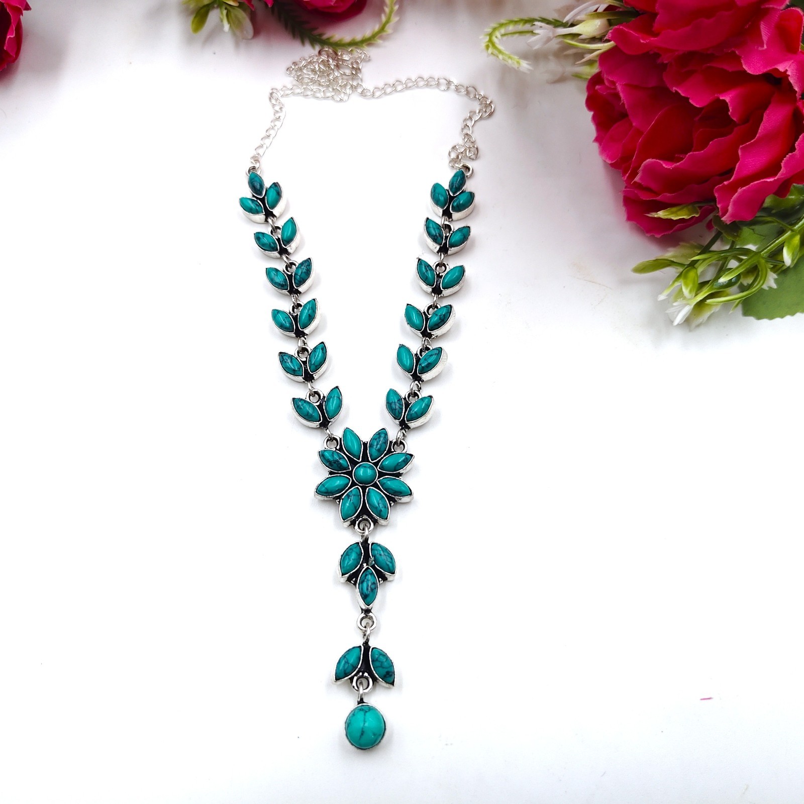 Blue Turquoise Gemstone Handmade 925 Sterling Silver Jewelry Necklace Sz-17-18″