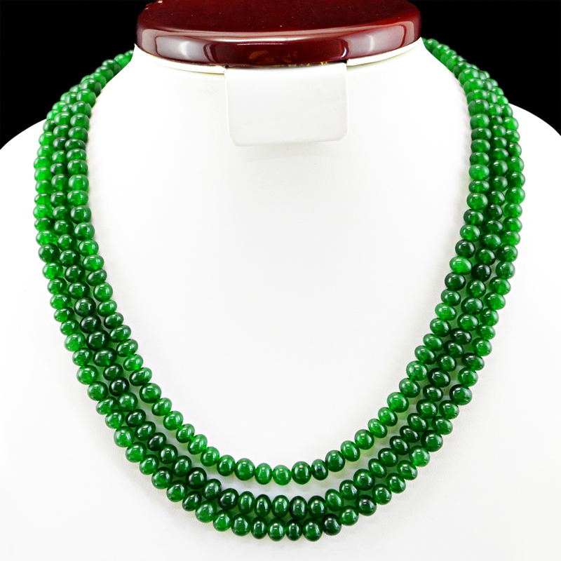 424.00 CTS EARTH MINED RICH GREEN EMERALD 3 STRAND ROUND SHAPED BEADS NECKLACE