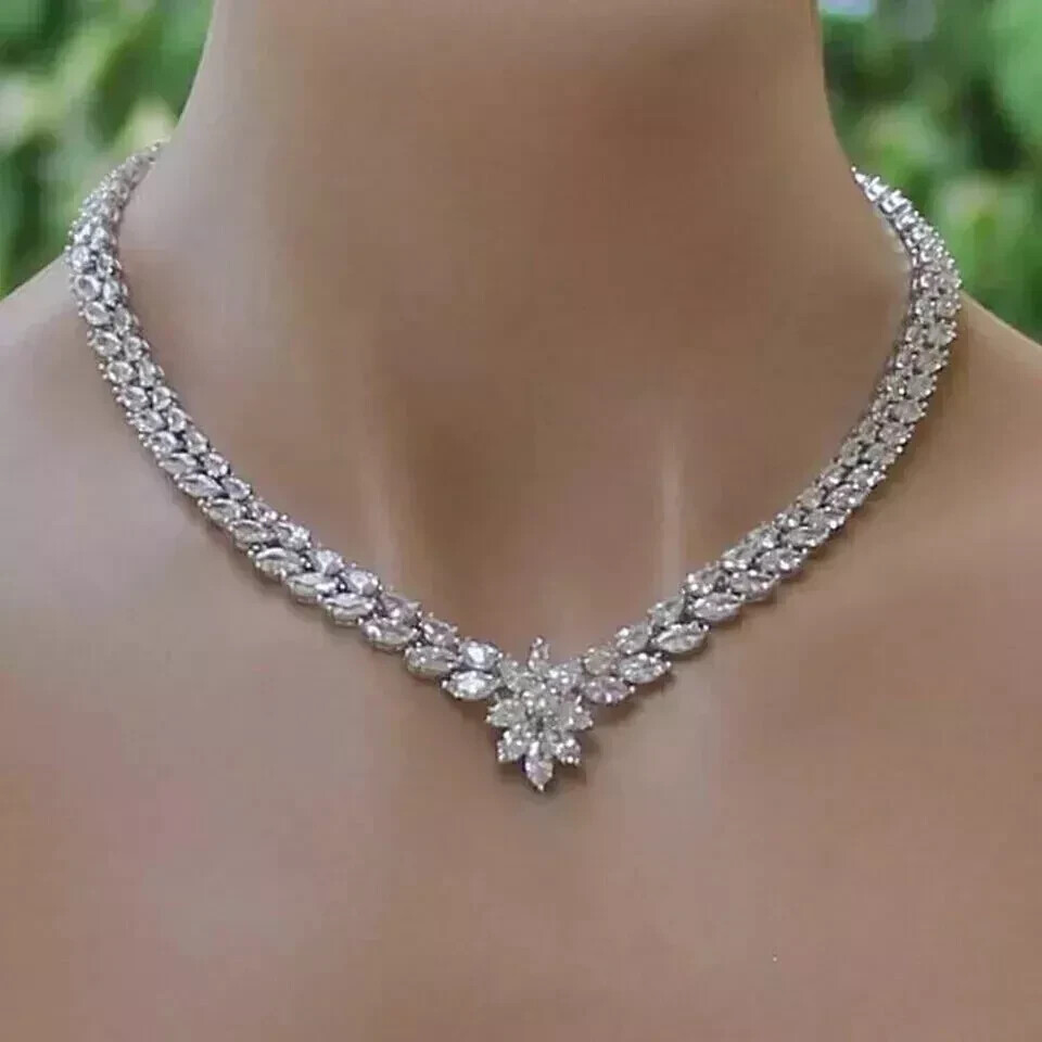 25Ct Marquise Lab-Created Diamond Women’s Tennis Necklace 14K White Gold Plated