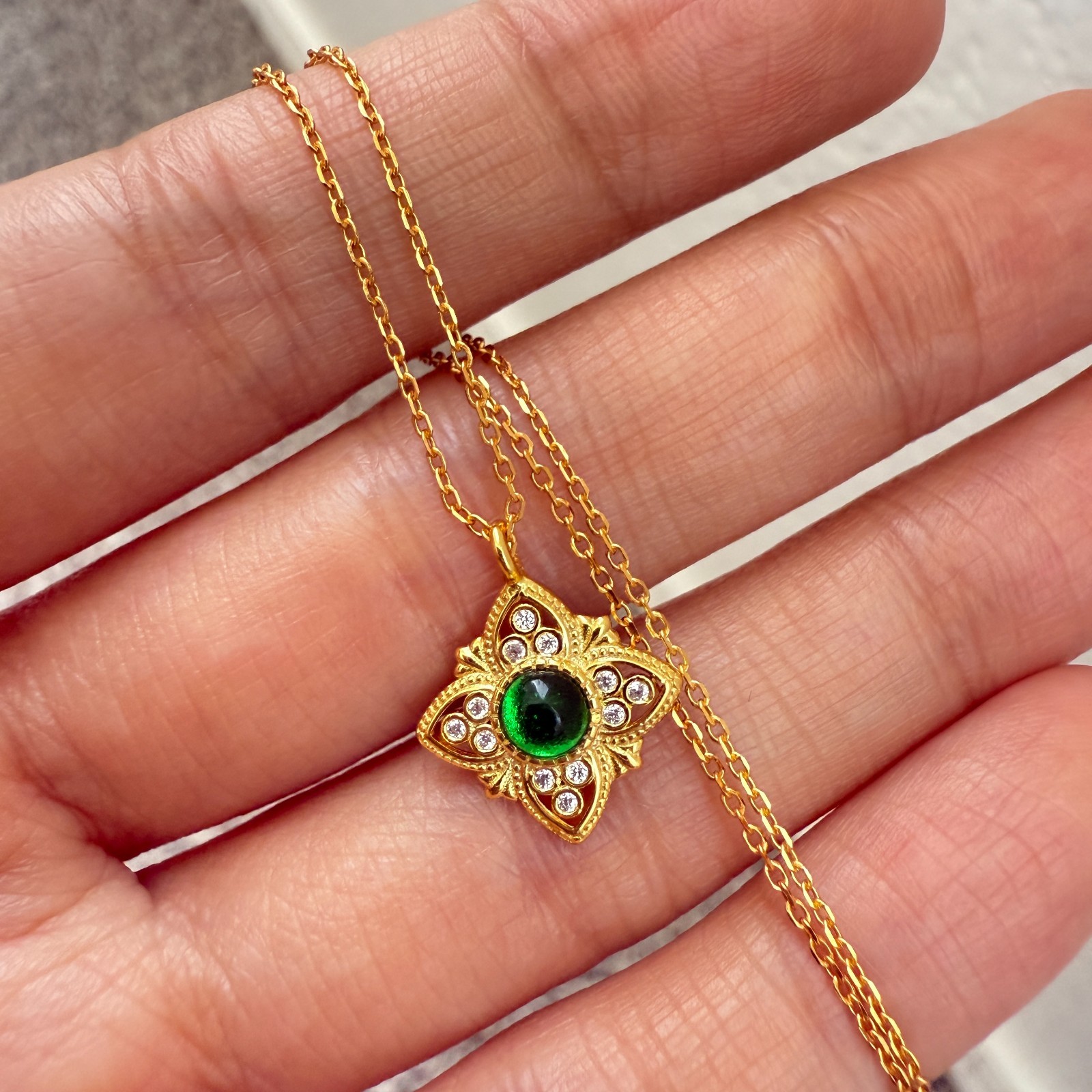 925 Sterling Silver Necklace 4mm Natural Emerald Zircon Gemstone Flower Jewelry