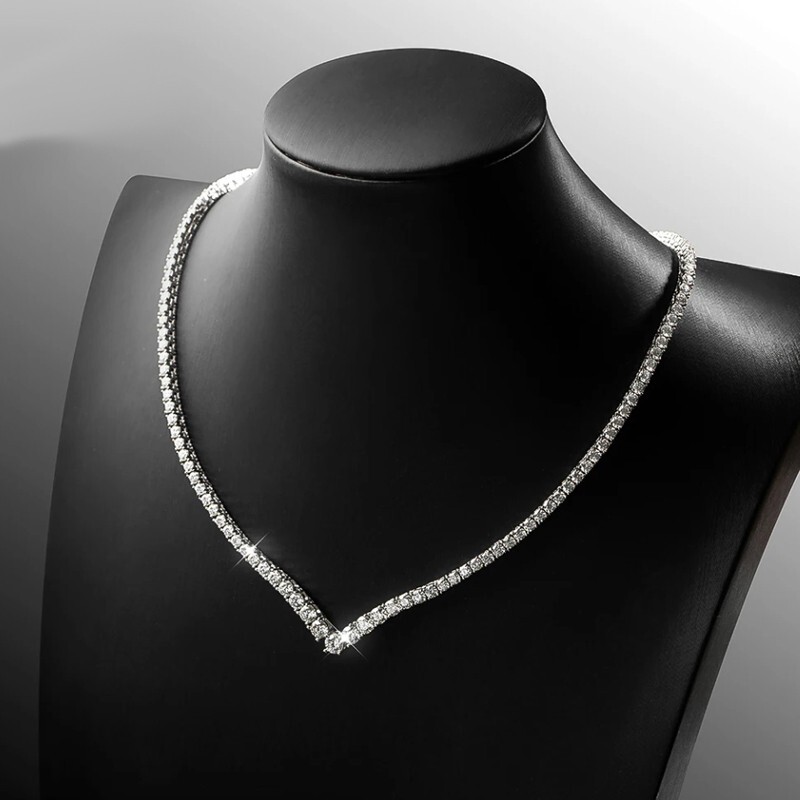 D Color Moissanite V Shaped Tennis Necklace Women Choker 18K White Gold Plated
