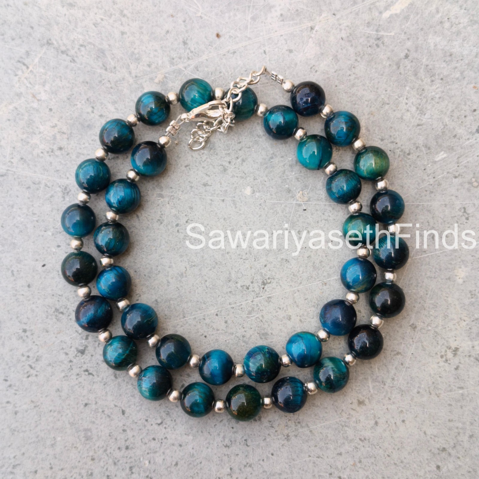 Blue Tiger’s Eye 8mm Beaded Necklace, Sterling Silver Clasp, Handmade Layering