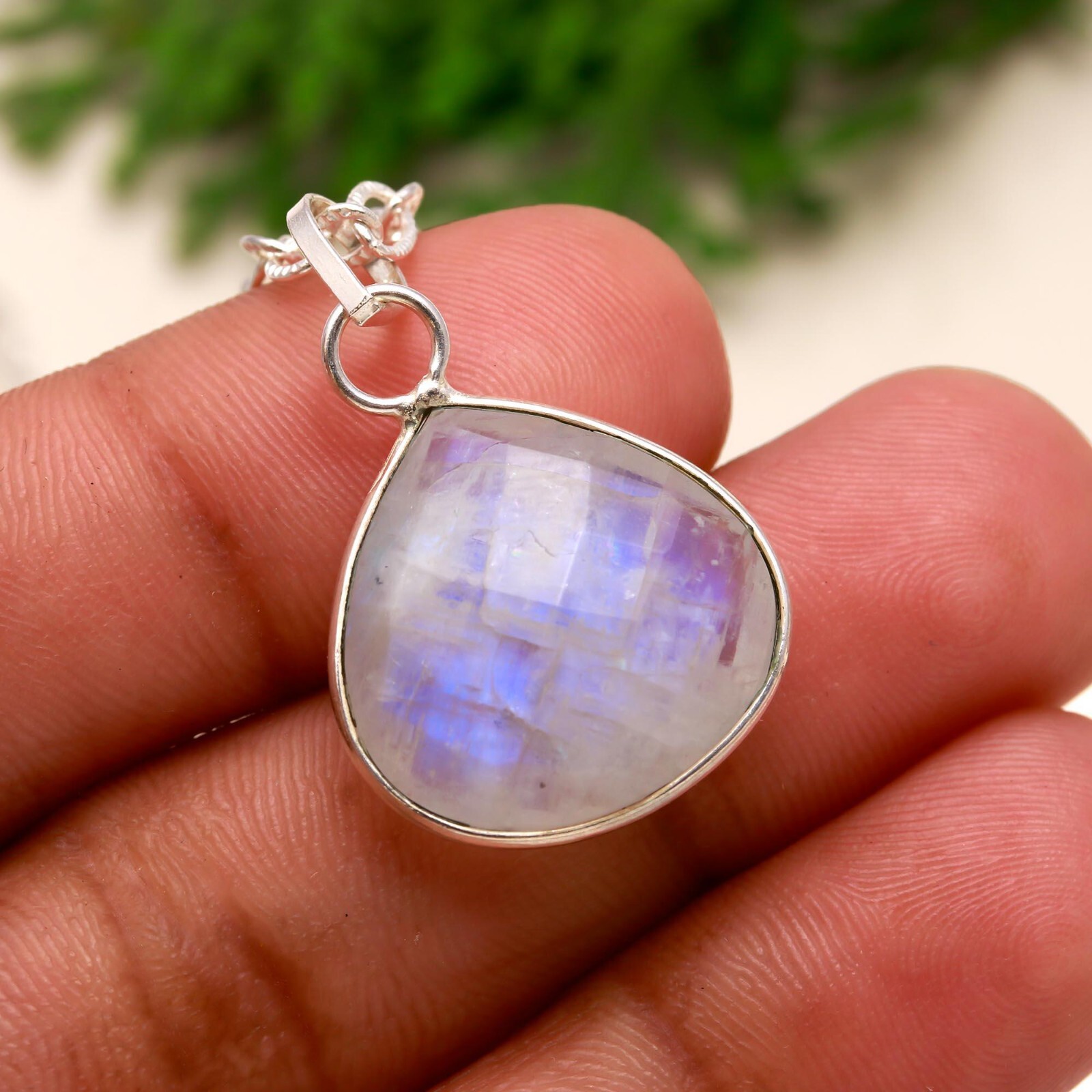 White Rainbow Moonstone 925 Sterling Silver Minimalist Pendant Necklace 18″