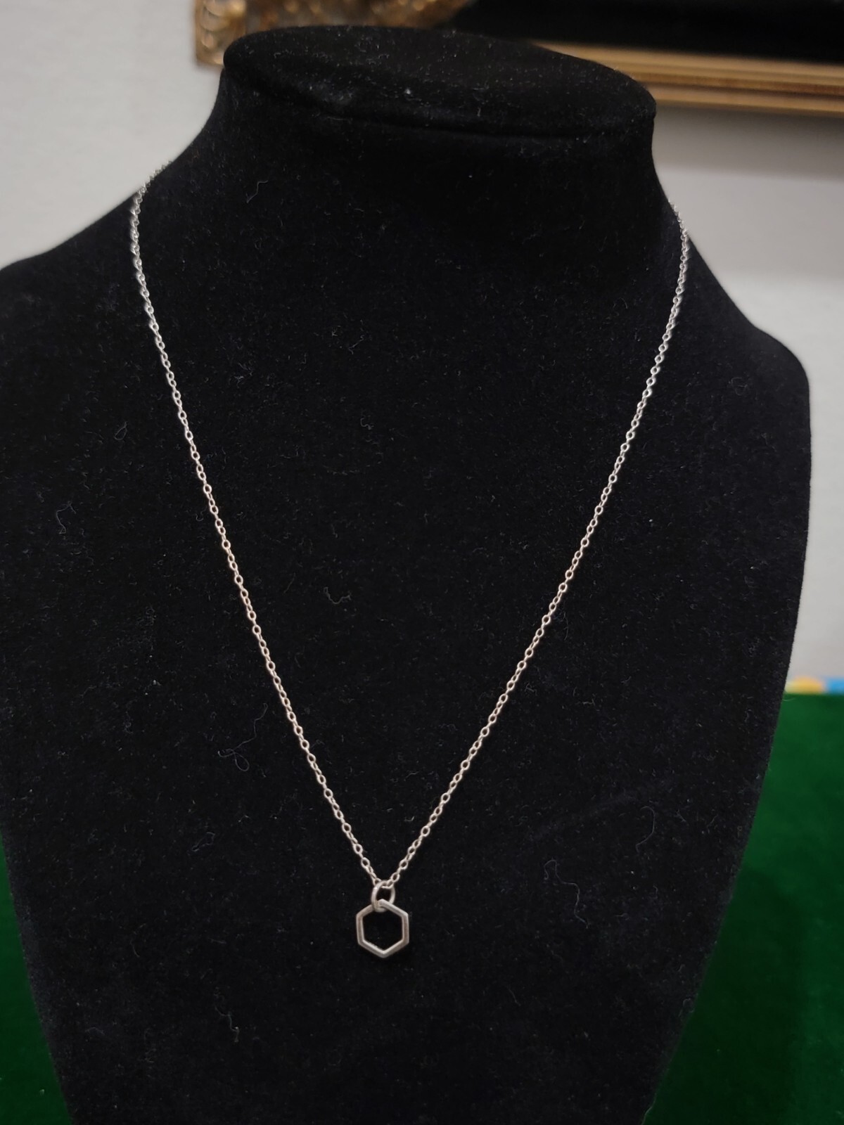 Sterling Silver Etched Hexagon Shaped Pendant On Silver Chain 925 18 In