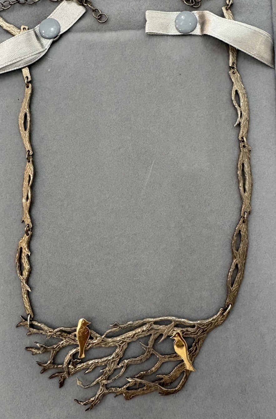 L & M Arts Sterling Silver Necklace W/14 Carat Gold Bird On A Branch, W/case
