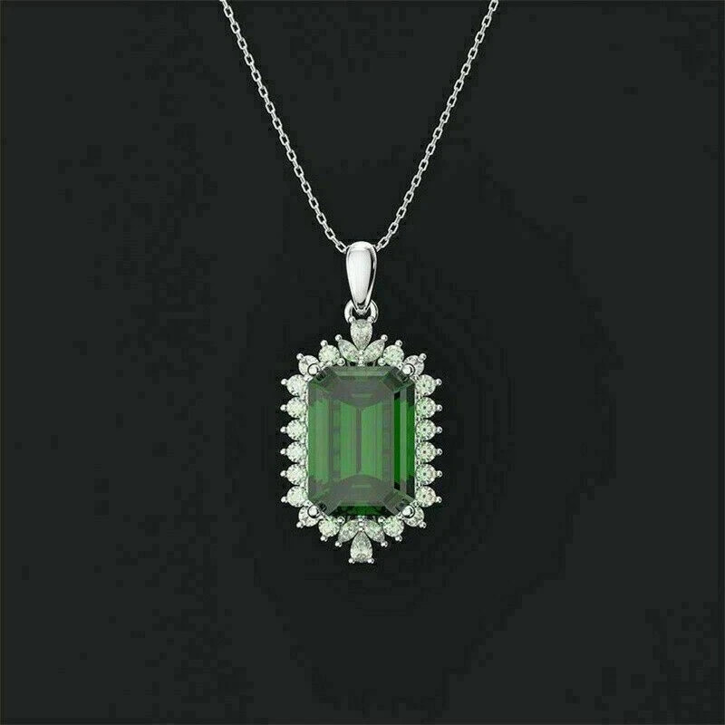 3Ct Emerald Cut Green Emerald Halo Womens Pendant 14K White Gold Over Free Chain