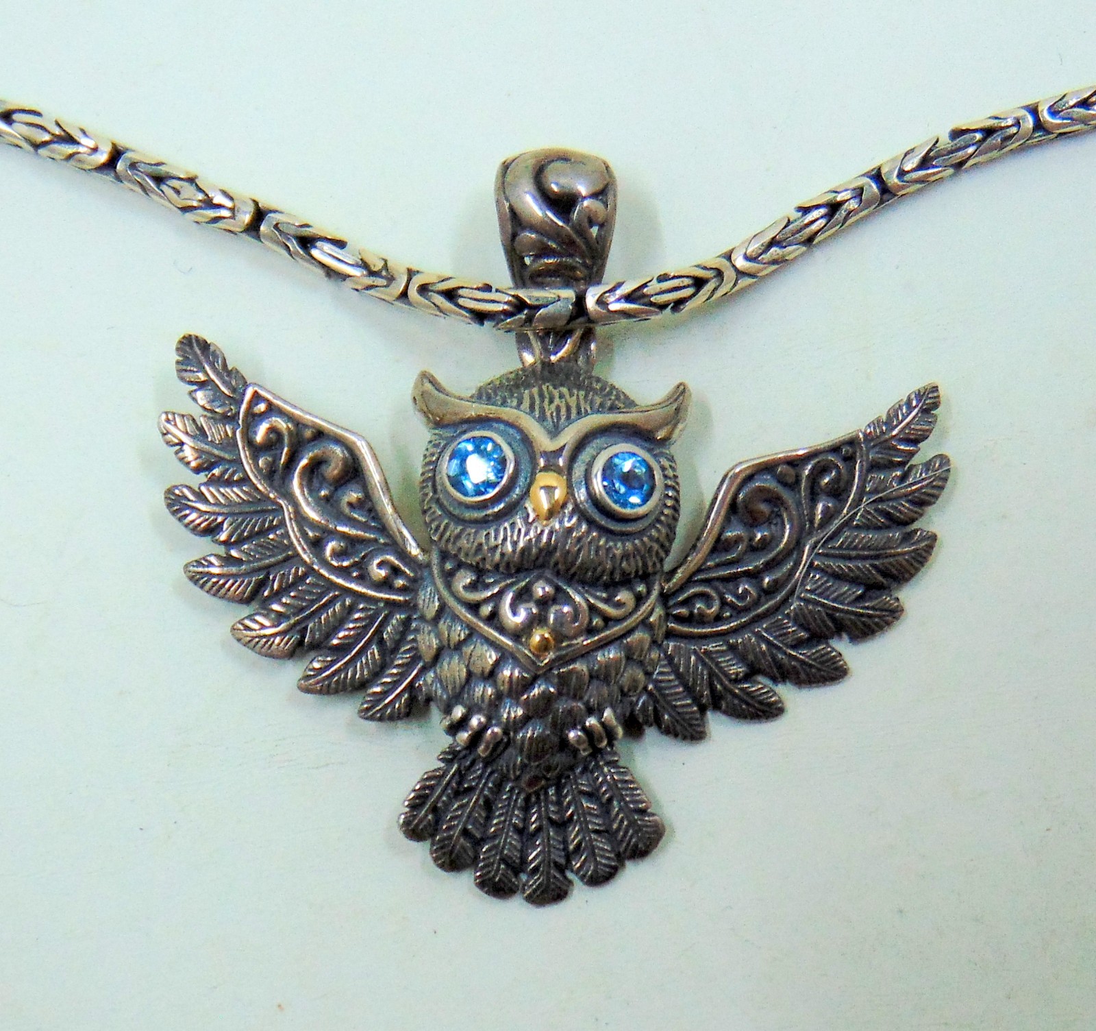 Samuel.B.Behnam Sterling Silver & 18K Gold Blue Topaz Gemstone Owl Pendant/Chain