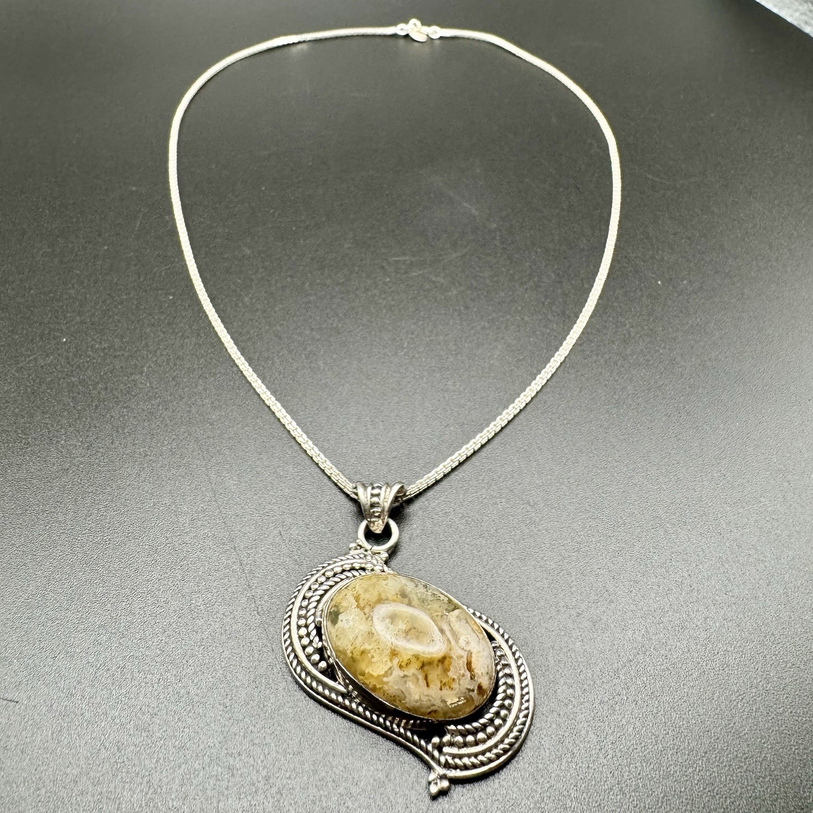 Bezel Set Jasper Cabochon Stone In Detailed Silver With 18in NB India Box Chain