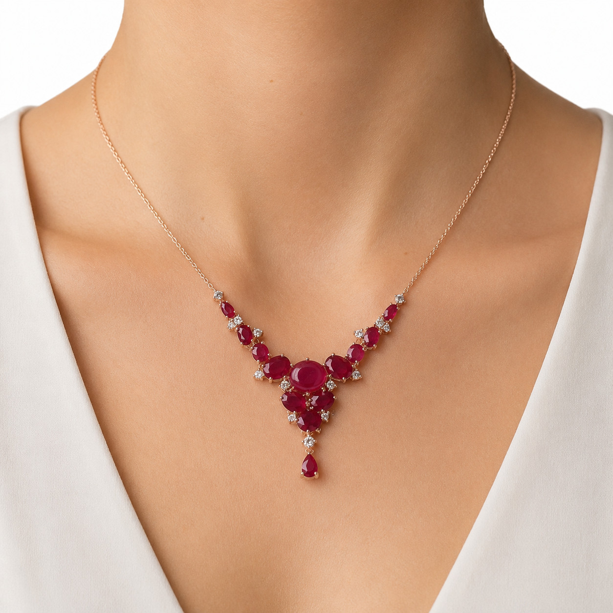 Red Ruby White Zircon Necklace 18.0 In. 925 Sterling Silver Handmade