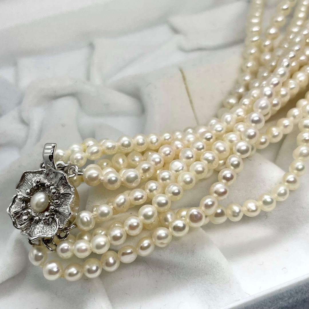 5 Strand Genuine Pearl Necklace White 4.0mm Silver Clasp Formal Auth From Japan