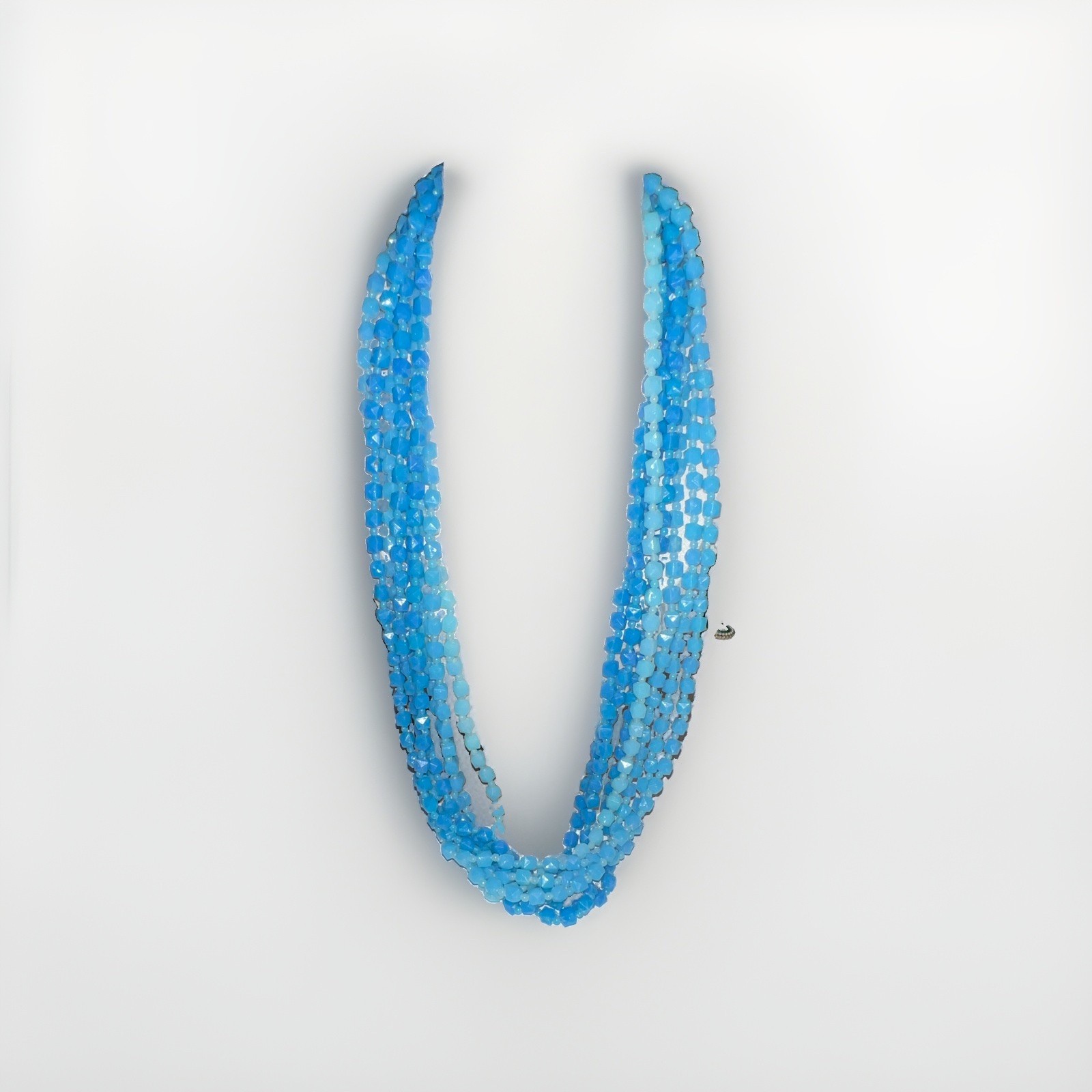 Blue Signed Layered Multi-Strand Beaded Statement Necklace Bicone Hook