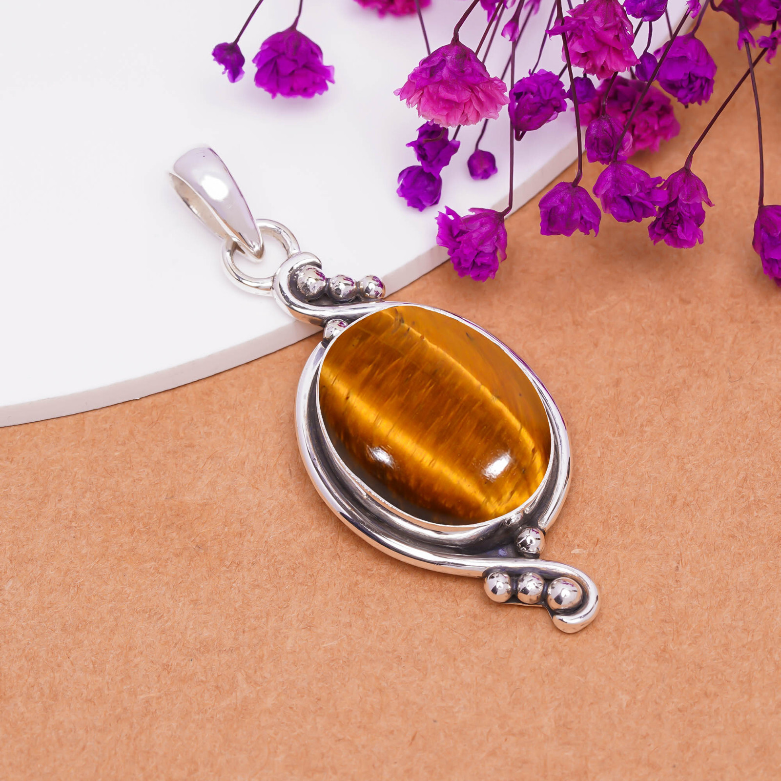 Natural Tiger’s Eye Gemstone 925 Sterling Silver Pendant Handmade Jewelry.