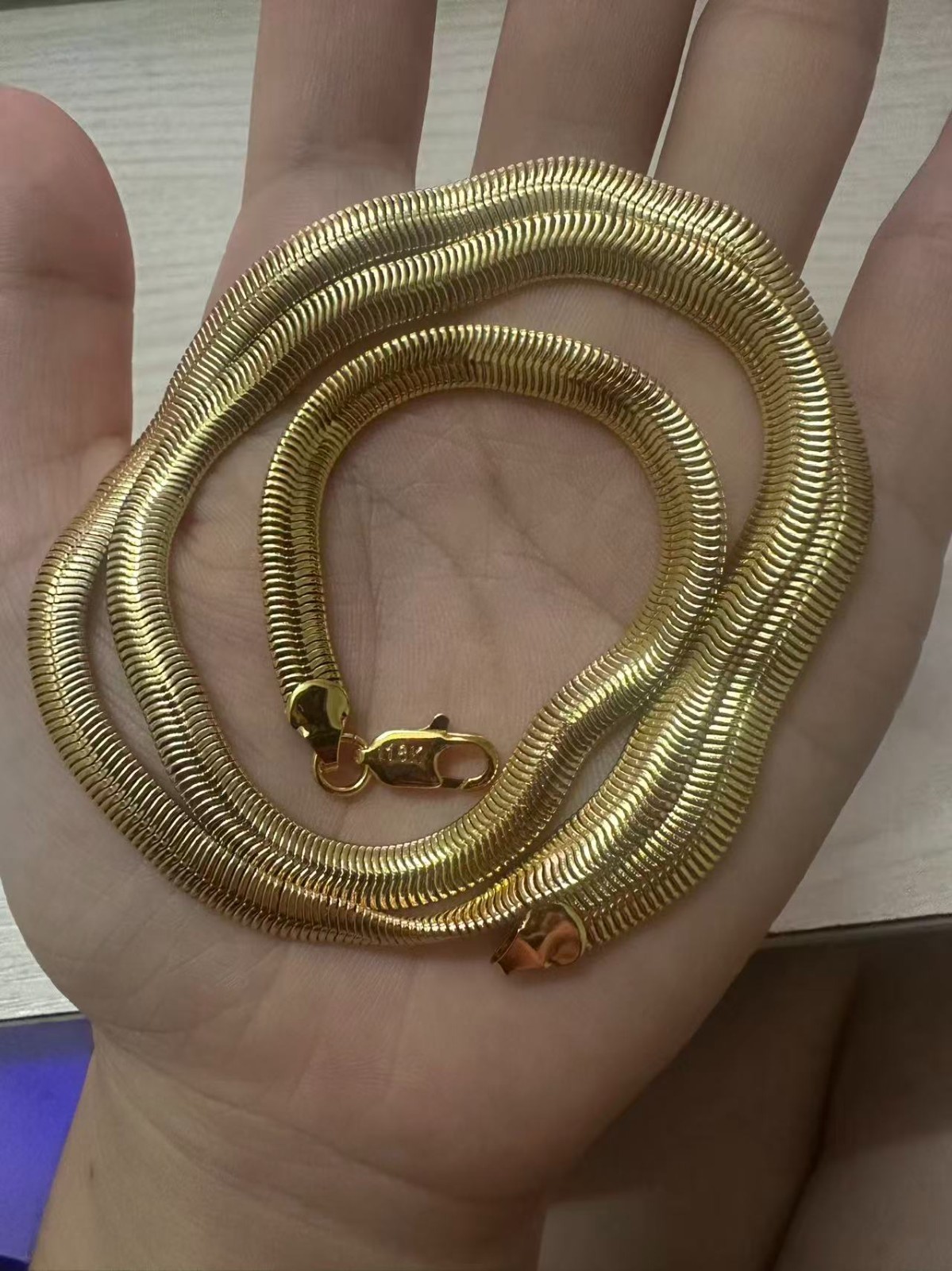 18K Solid Gold 6mm Herringbone Chain Necklace Flat Snake Bone Link Chain