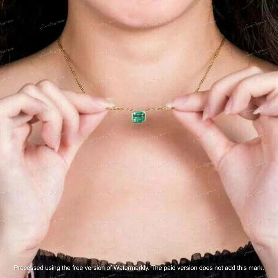Asscher Cut Lab Created Green Emerald Pendant Necklace In 14K Yellow Gold Plated