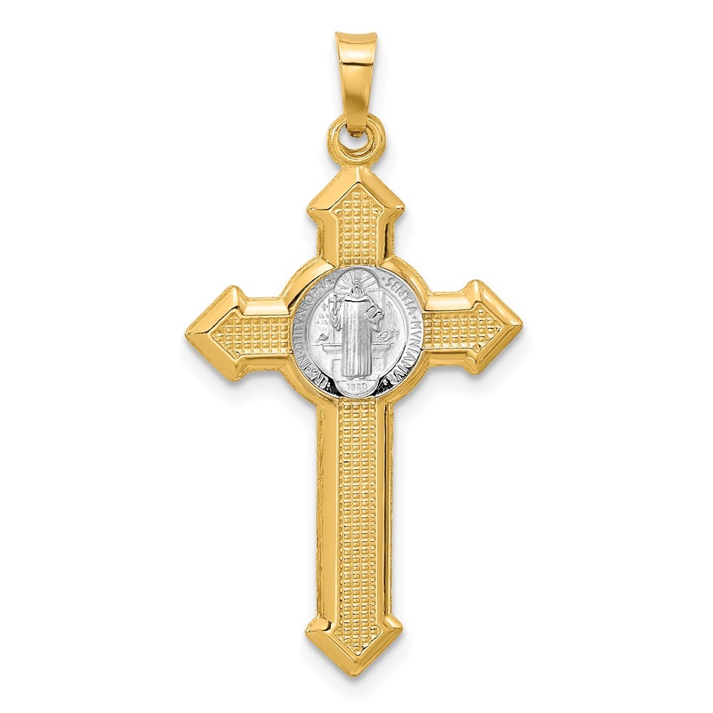 14K Two-tone Gold Textured Hollow Budded St Benedict Cross Pendant 0.86gm