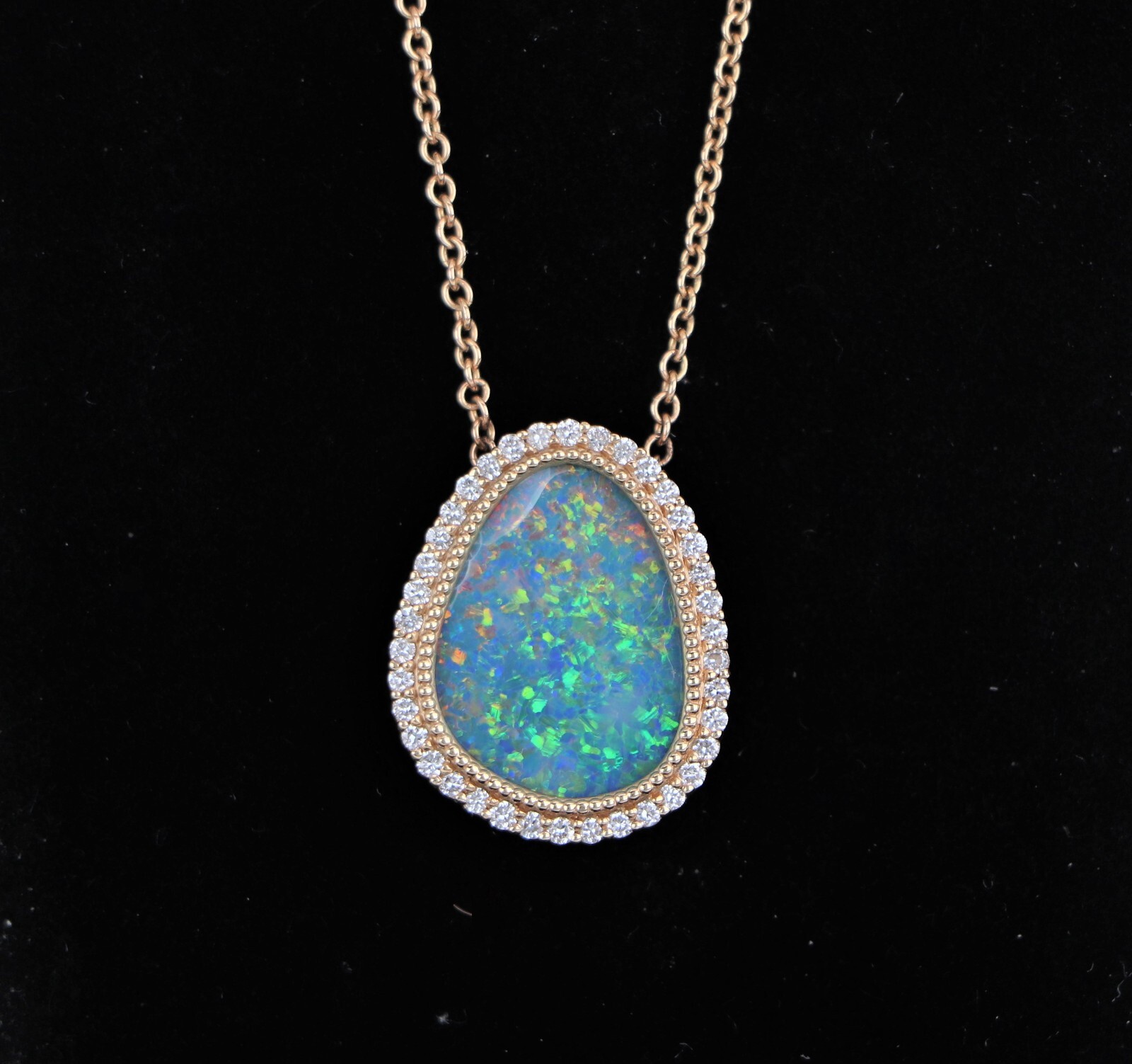 14k Yellow Gold 0.20ct Pave Set Diamond Inlaid Opal Beaded Pendant 16” Necklace