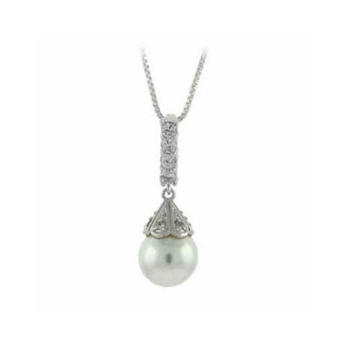 925 Silver Simulated Pearl & CZ Drop Pendant, 18″