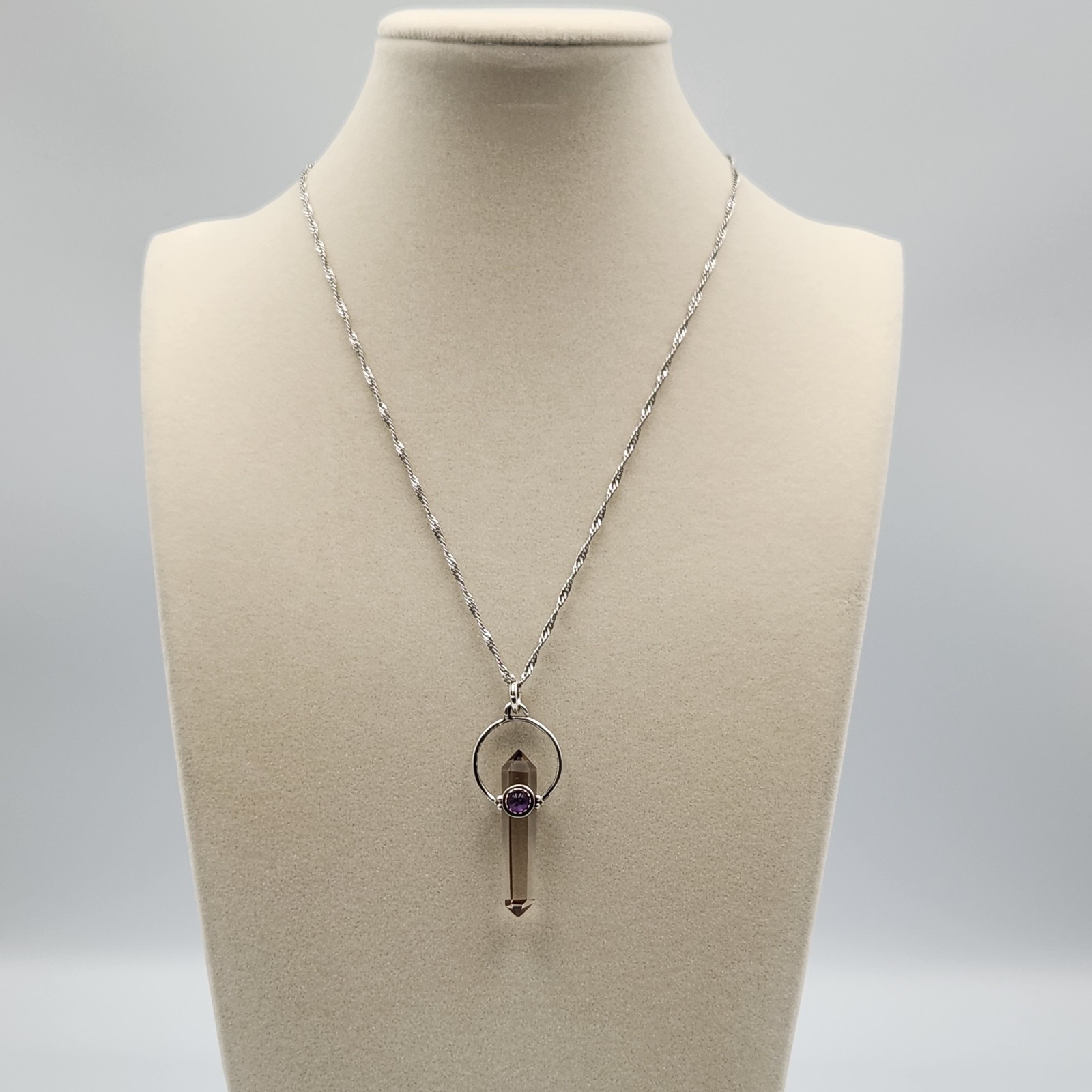 Sterling Silver Necklace With Smoky Quartz Crystal Point Pendant