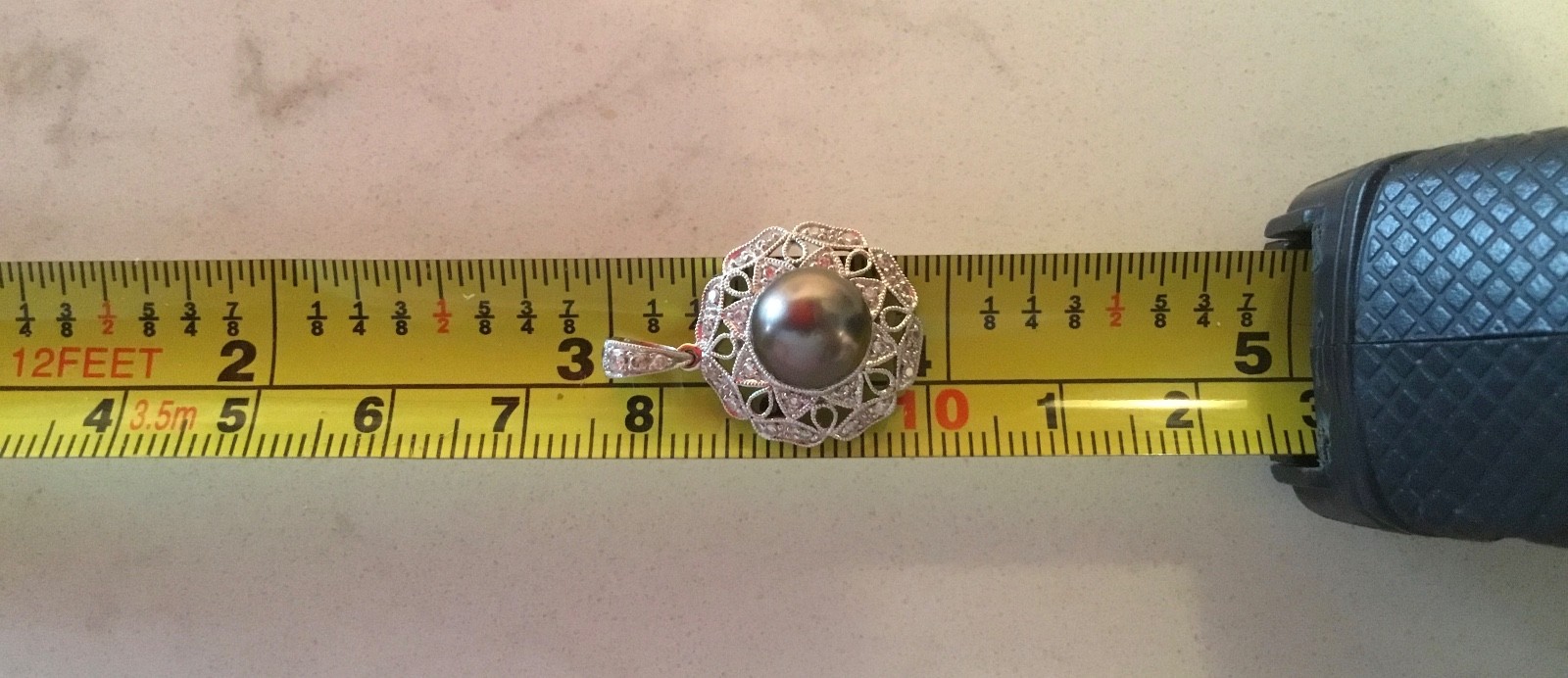 14K SOLID WHITE GOLD BLACK TAHITIAN PEARL DIAMONDS PENDANT 3.4 GRAMS