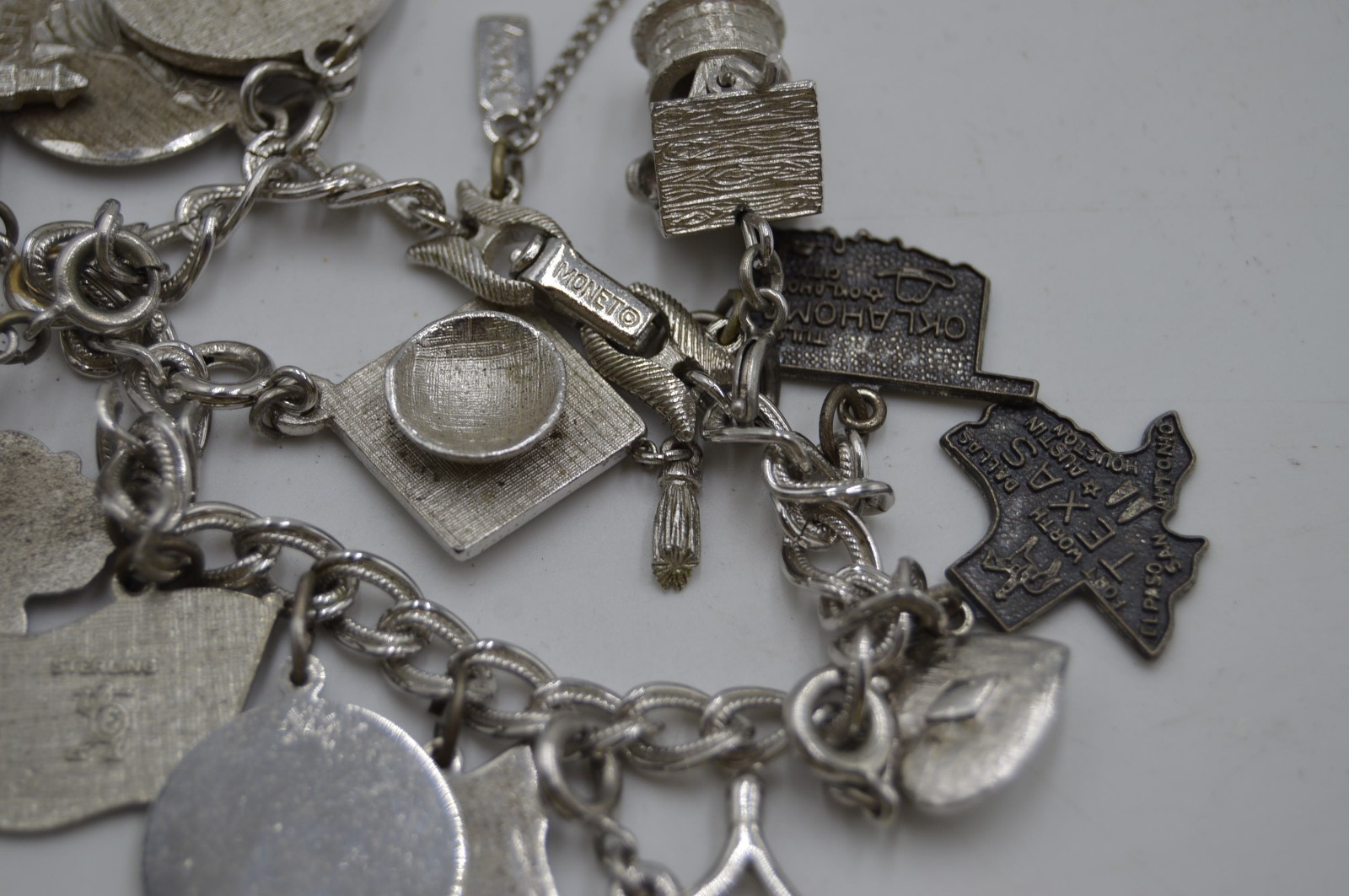 Monet Charm Bracelet W/ 6 Sterling Silver Charms,States,Flag,Santa,7.5″,R14