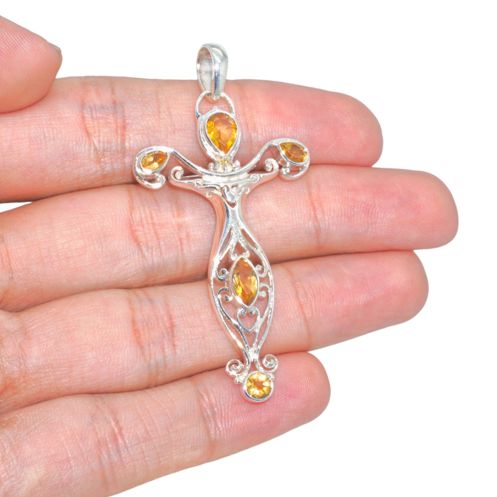 Genuine Yellow Citrine Cross Pendant Sterling Silver 925 Christian Jewelry Gift