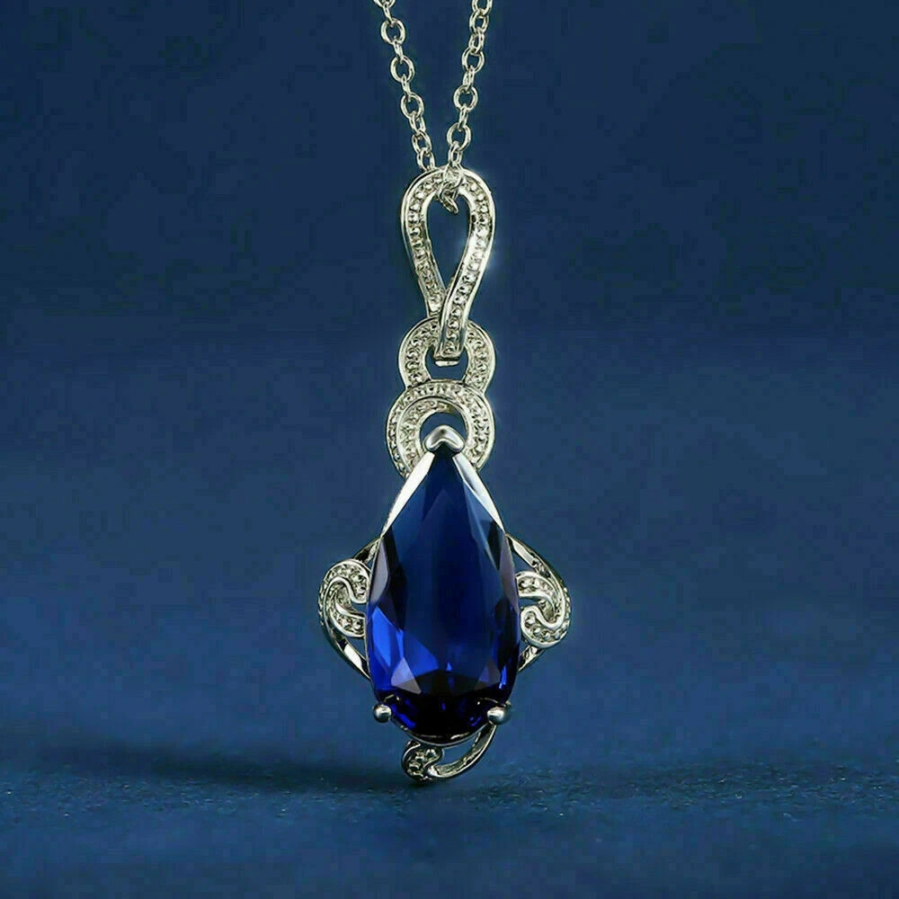 1.60CT Pear Cut Blue Sapphire Solitaire Pendant 14K White Gold Finish Free Chai