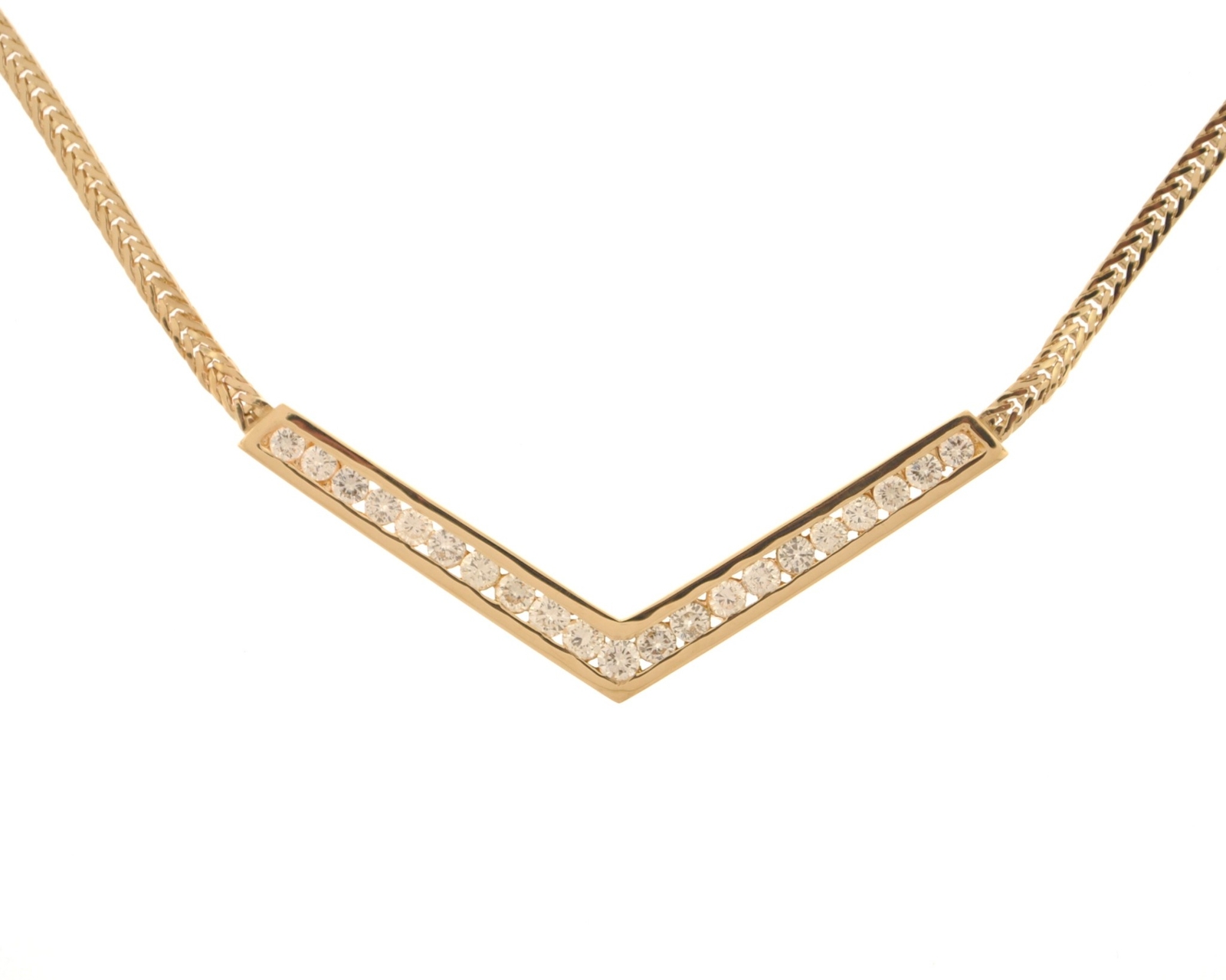 Estate 14K Yellow Gold Channel Set 2.00 Carat Round Diamond V Shape Necklace 16″